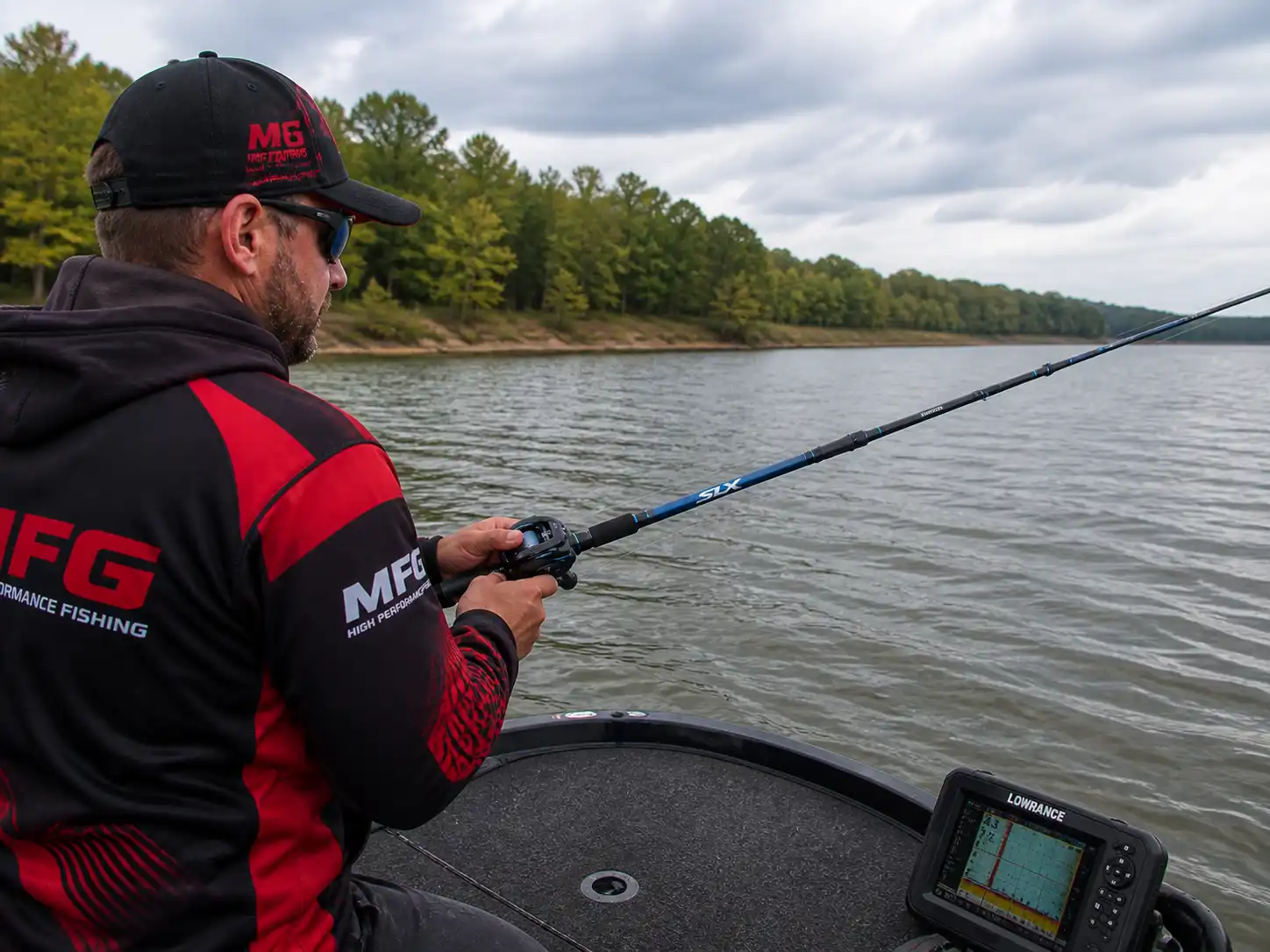 Shimano SLX casting rod pike fishing setup near lake realistic fishing scene