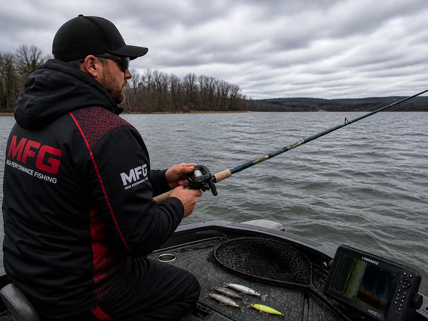 St Croix Triumph casting rod pike fishing setup in cold windy conditions near lake
