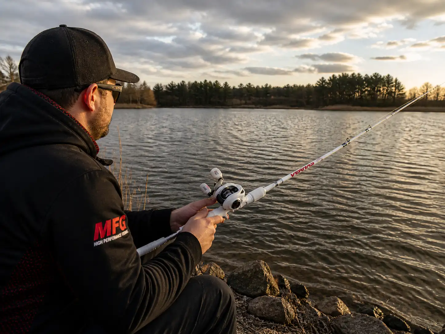 Abu Garcia Veritas casting rod pike fishing setup close up near lake