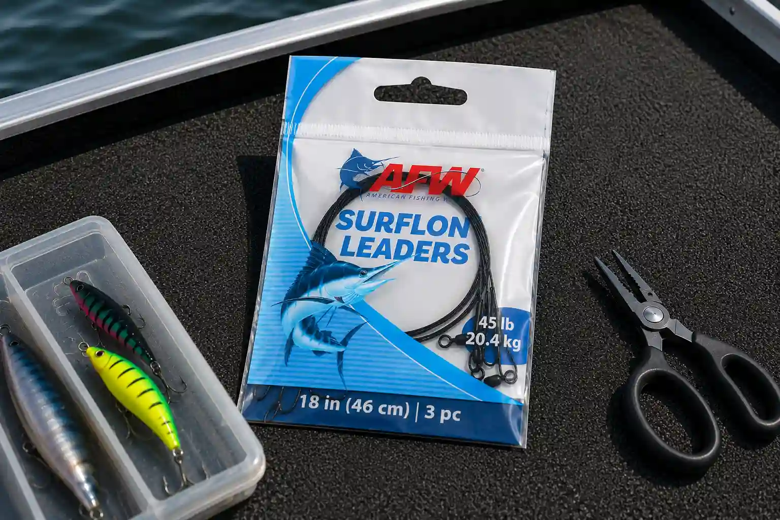 AFW Surflon Leaders 45lb 18 inch 3-pack coated wire pike leader with jerkbaits and scissors on boat deck — best budget pike leader