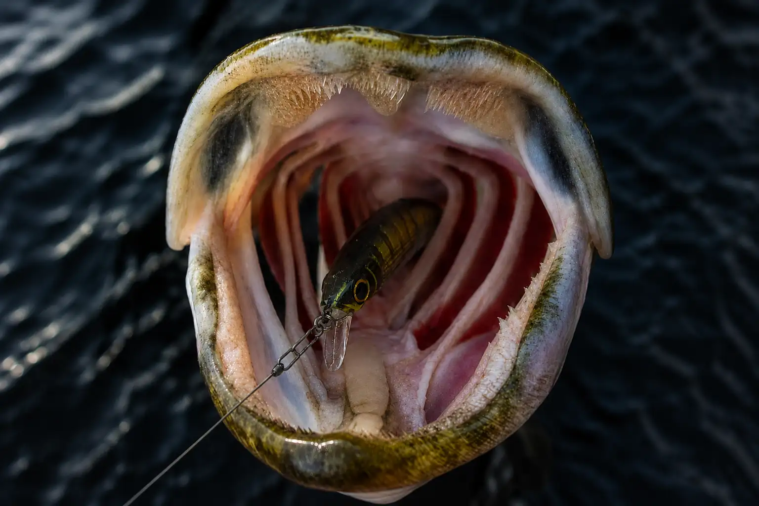 Pike mouth wide open showing razor-sharp teeth with lure and wire leader visible — why the best pike leaders matter