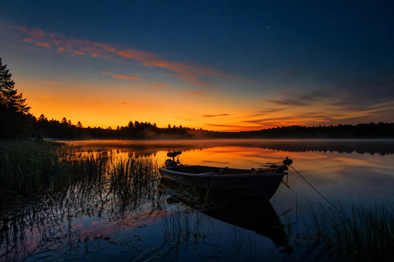 Empty fishing boat anchored in reeds at dusk — the start of a summer night pike fishing session