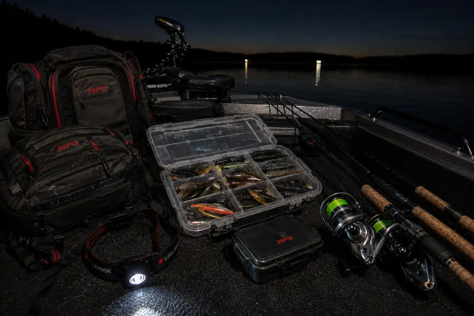Pike fishing gear laid out in a boat at night — lure box, rods, reels and headlamp ready for a night session