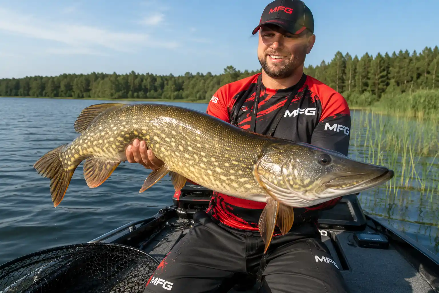 best summer pike lures used by an MFG angler holding a giant northern pike from a fishing boat