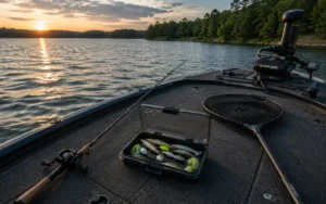 best summer pike lures tackle box on bass boat deck with fishing rod and landing net at sunset