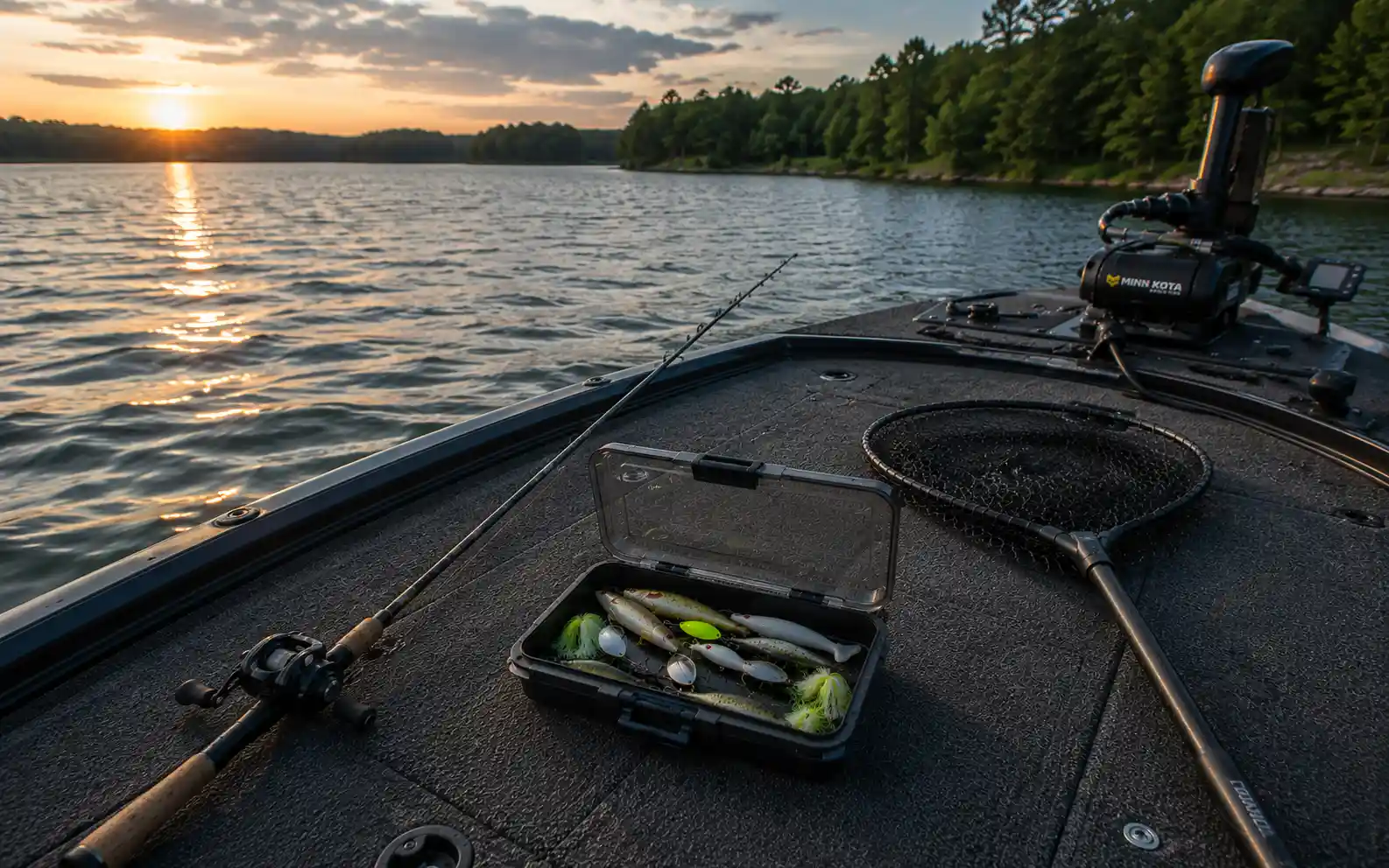 best summer pike lures tackle box on bass boat deck with fishing rod and landing net at sunset