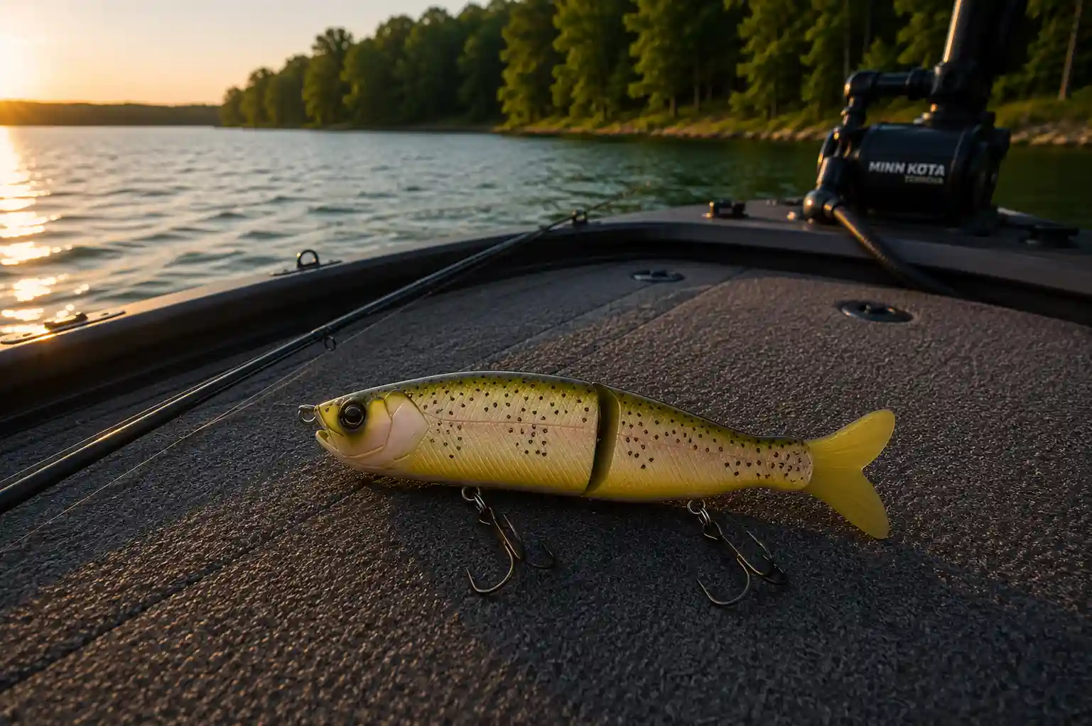 River2Sea S-Waver 168 glide bait for trophy summer pike fishing on a bass boat deck