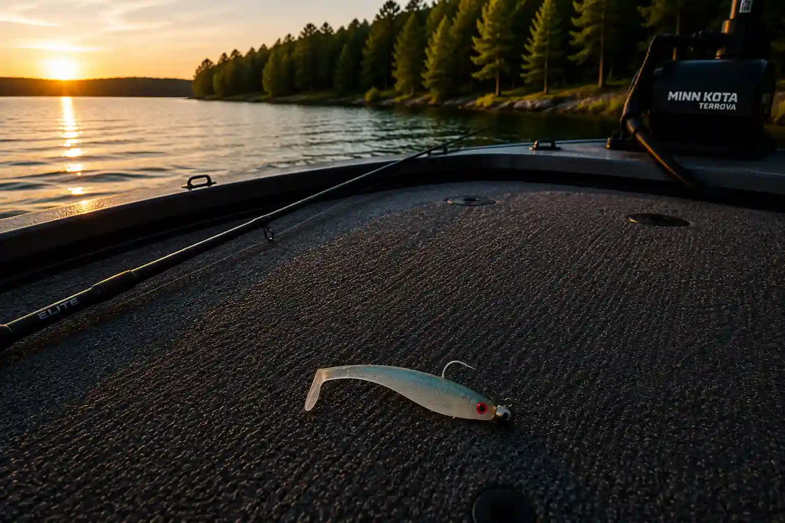pearl white paddle tail swimbait rigged for summer pike fishing