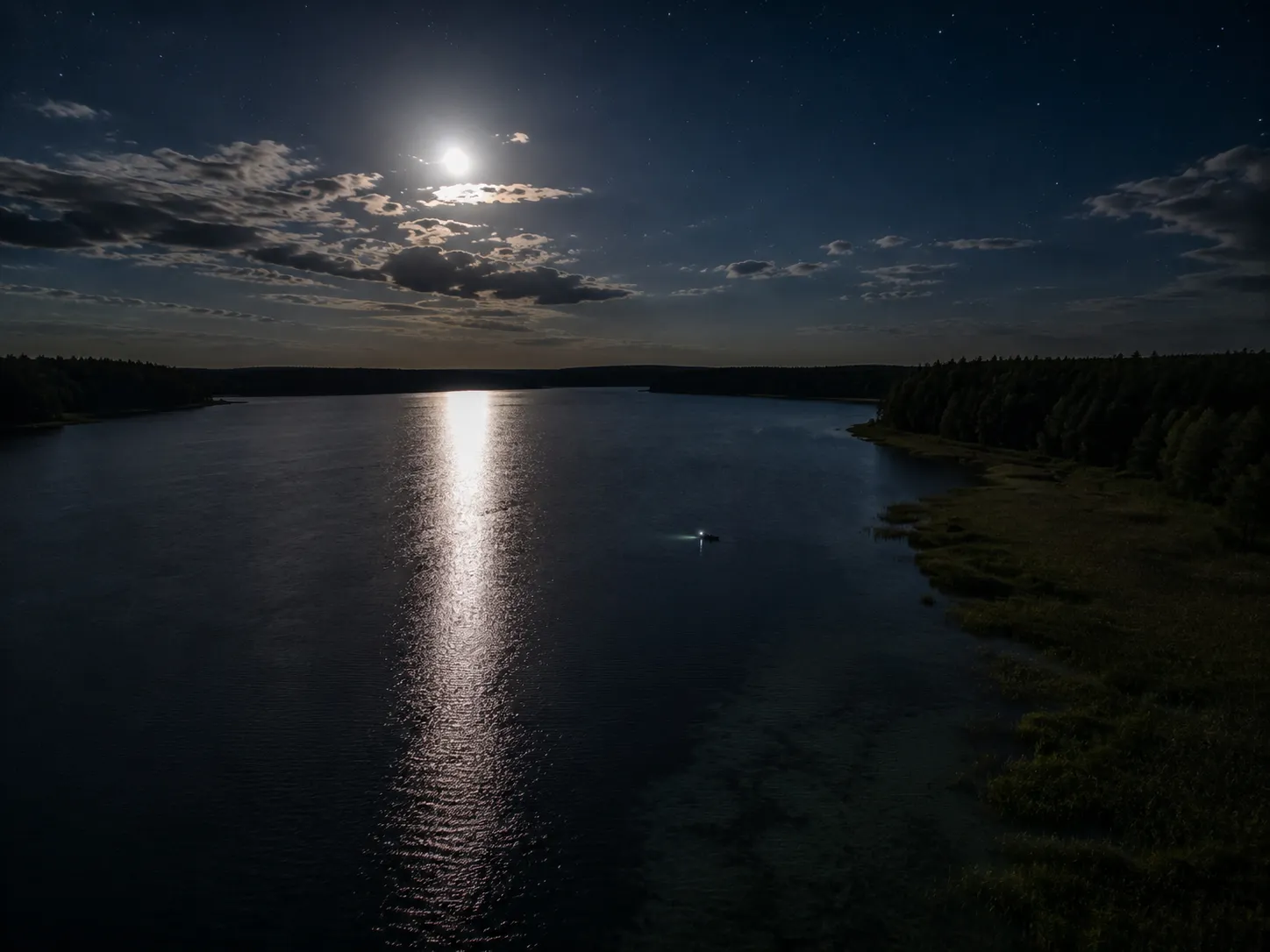 Aerial view of a lake at night showing shallow flats and weed edges — key summer night pike fishing locations