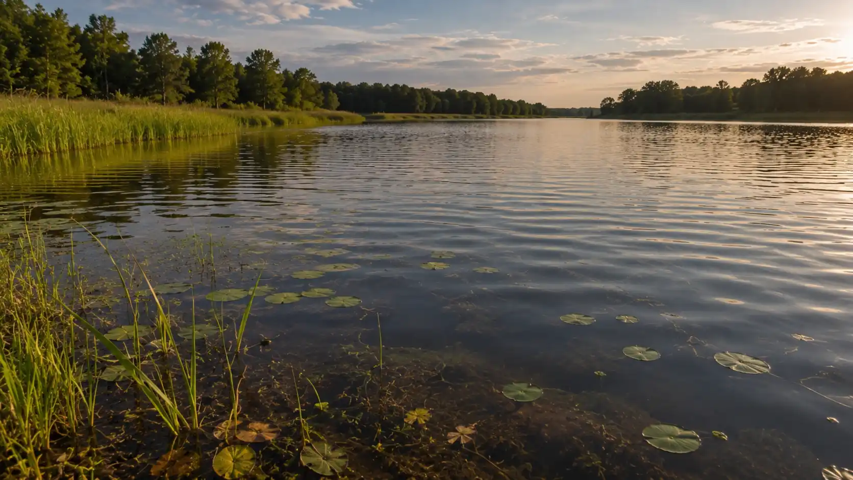 calm summer lake with light wind ripples and weed edge showing subtle water movement