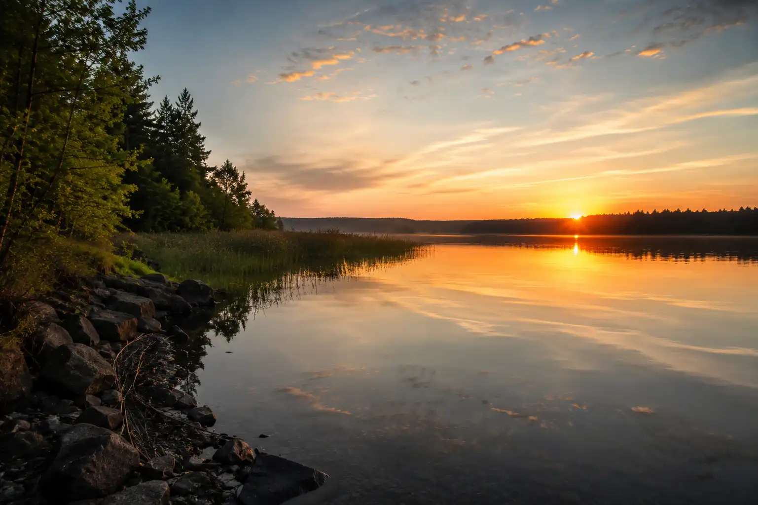 Summer lake shore at sunrise with rocky bank and reed edge — the prime window for summer pike fishing from shore