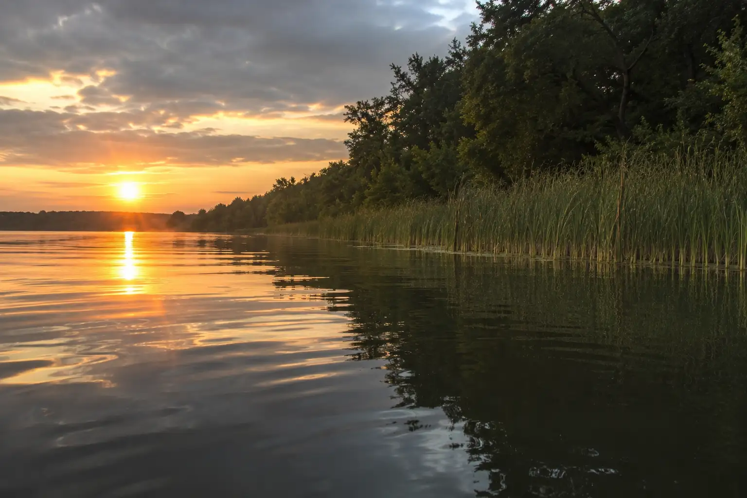 Calm summer lake at dawn with reed bed edge and golden light — ideal conditions for topwater pike fishing