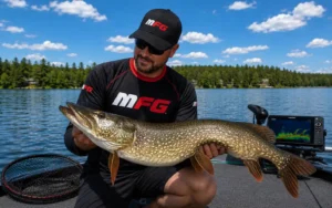 Summer pike fishing from a boat — angler holding a large northern pike caught in warm water