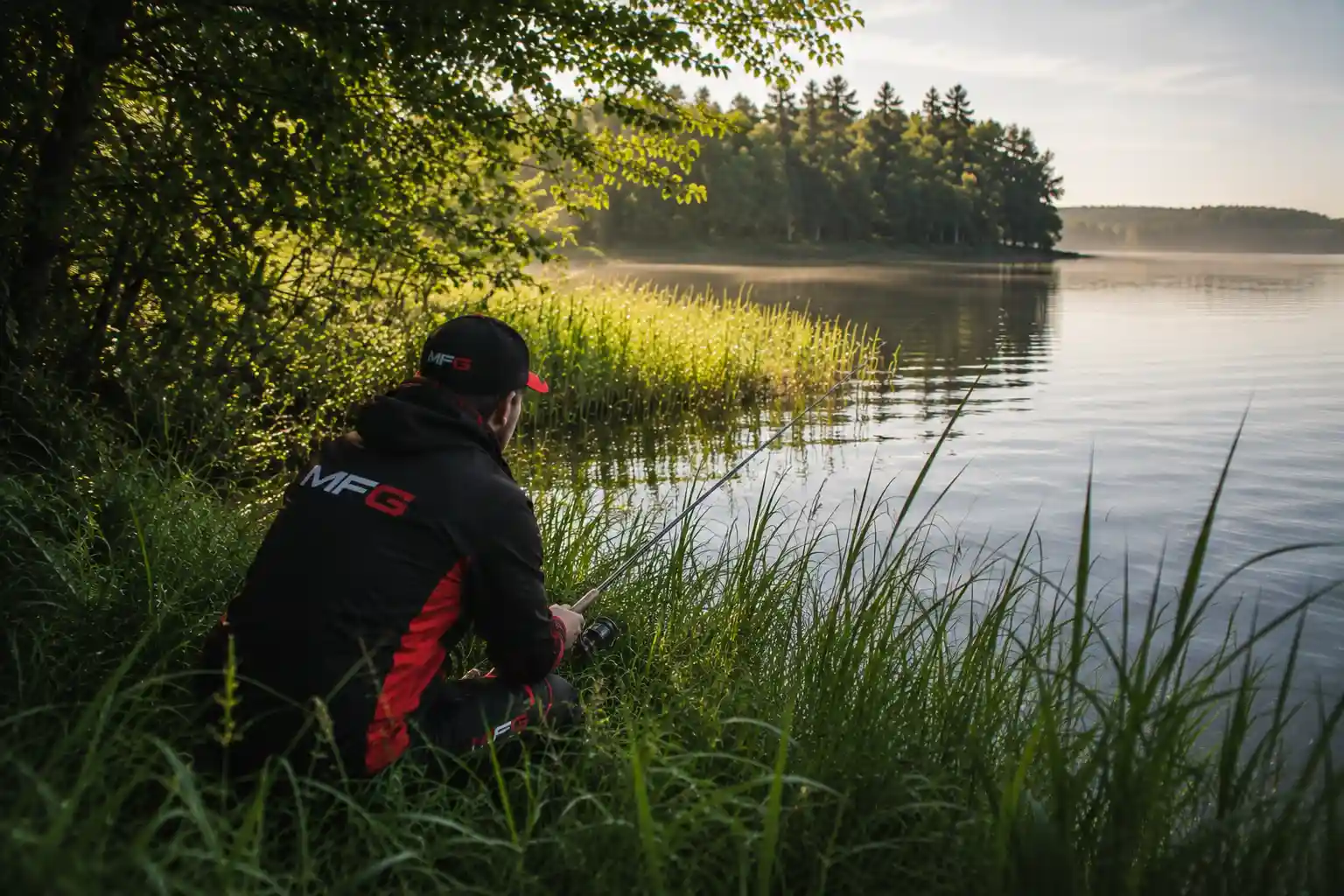 MFG angler crouching low in bankside grass and trees, fishing a reed-edged summer lake at first light