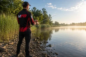 Summer pike fishing from shore at first light — MFG angler casting along a reed edge during the morning feeding window