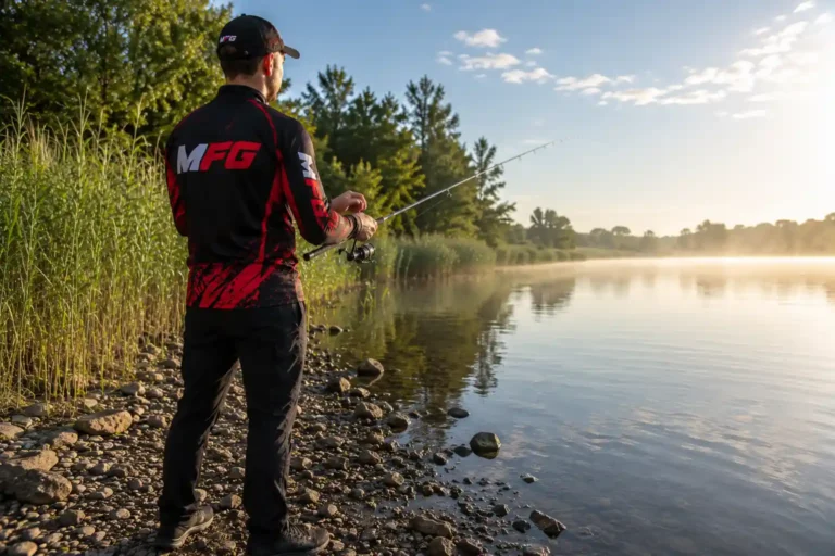 Summer pike fishing from shore at first light — MFG angler casting along a reed edge during the morning feeding window