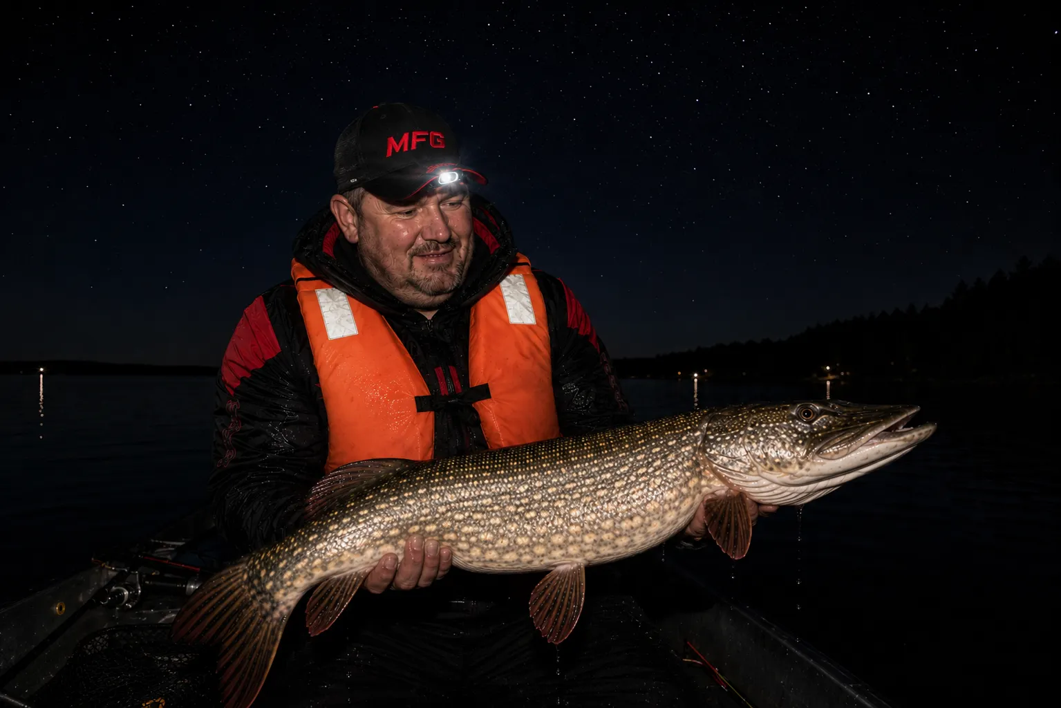 MFG angler holding a large pike caught during a summer night fishing session — proof that the right technique produces results after dark
