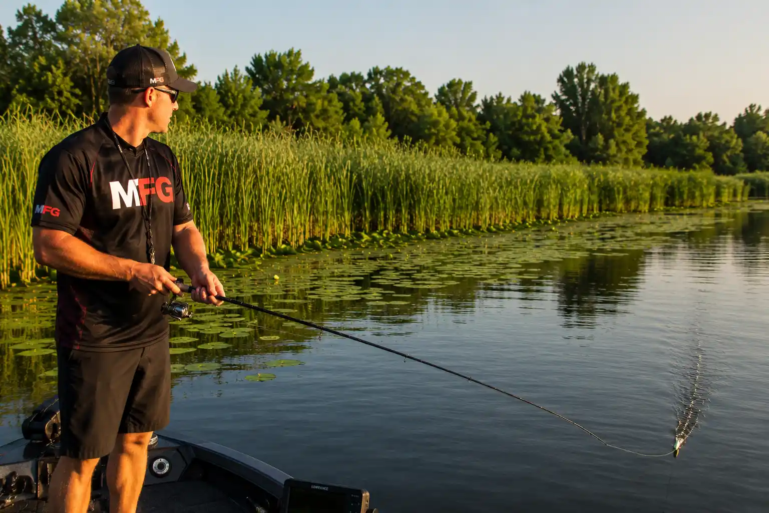 MFG angler retrieving topwater lure along reed edge from boat on summer lake