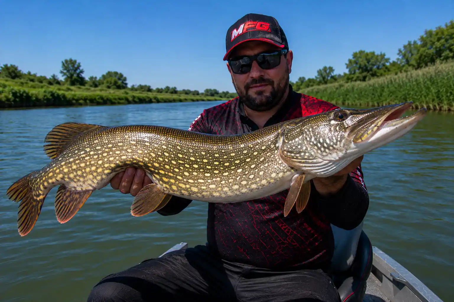 Topwater pike fishing result — MFG angler holding trophy summer pike caught on surface lure