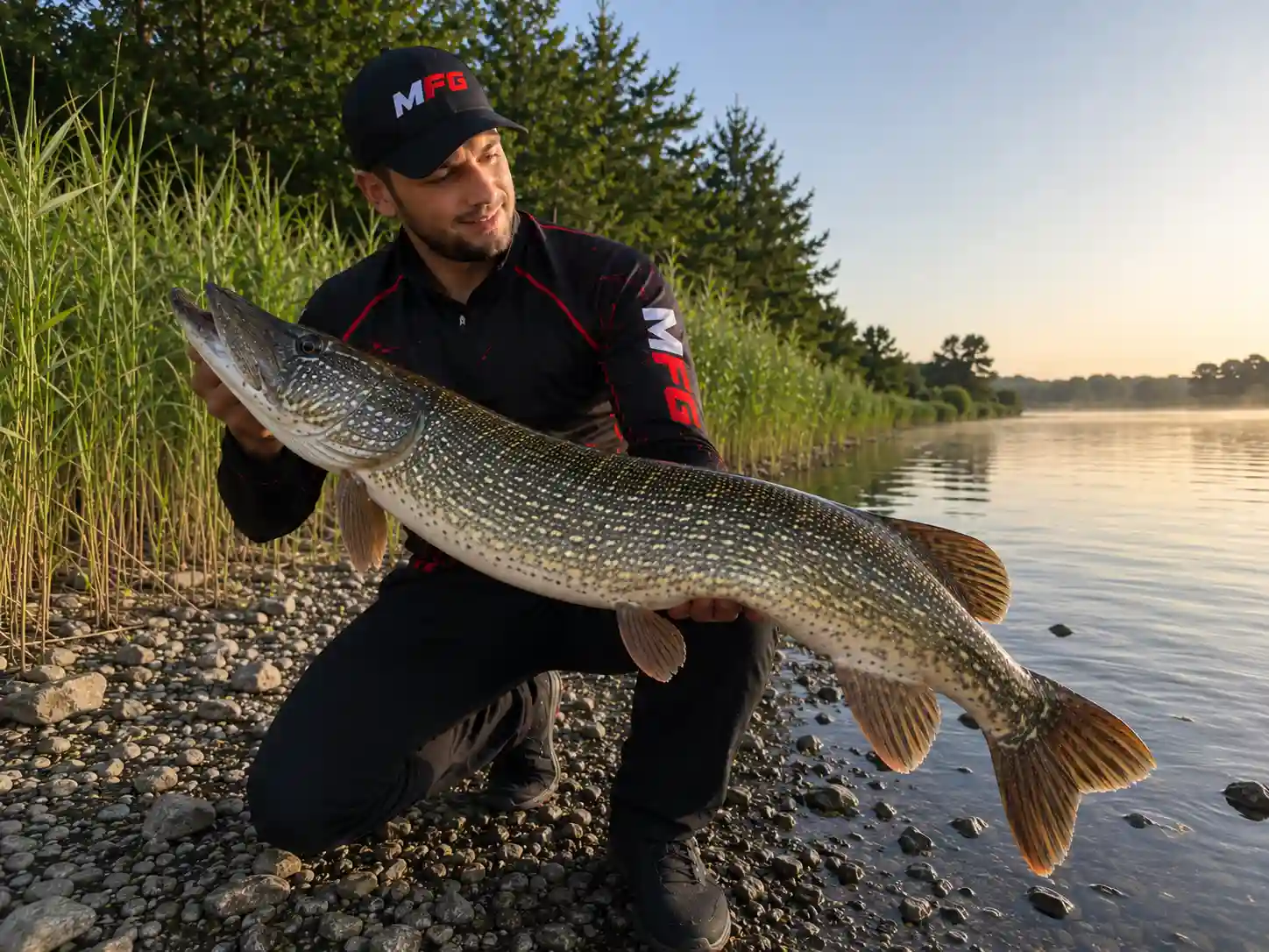 MFG angler holding a large pike caught while summer pike fishing from shore at first light on a rocky reed-edged bank