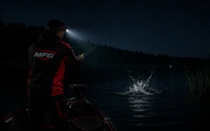 Summer night pike fishing — MFG angler fighting a pike from a boat under a starlit sky