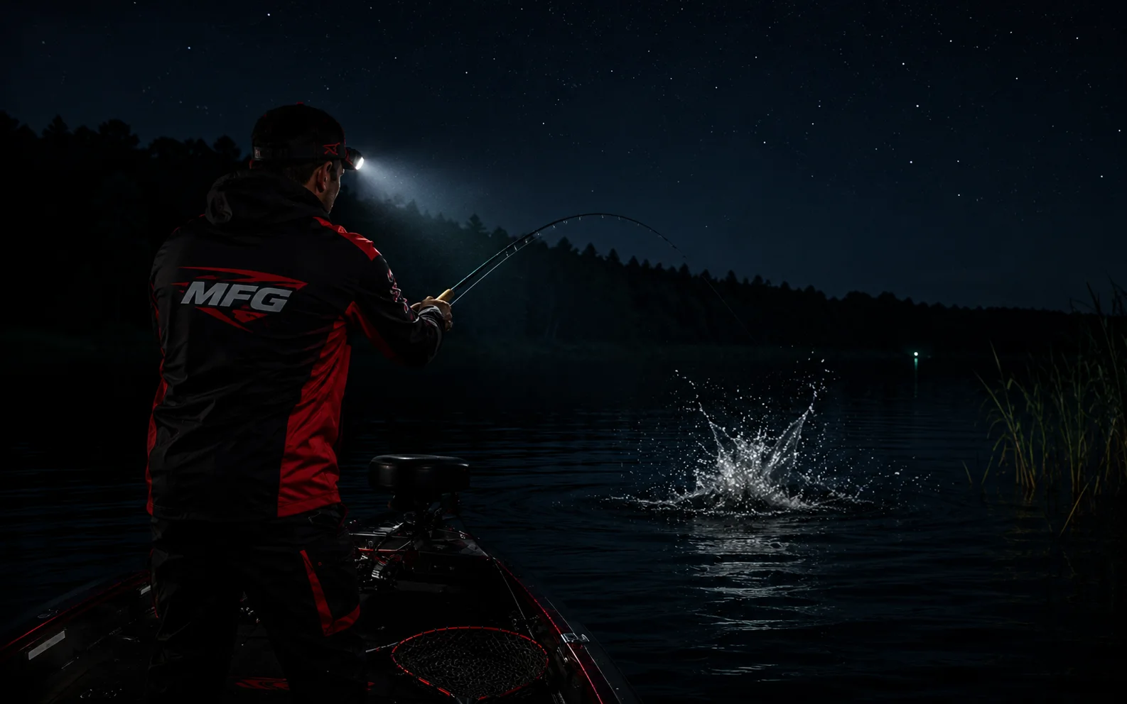 Summer night pike fishing — MFG angler fighting a pike from a boat under a starlit sky