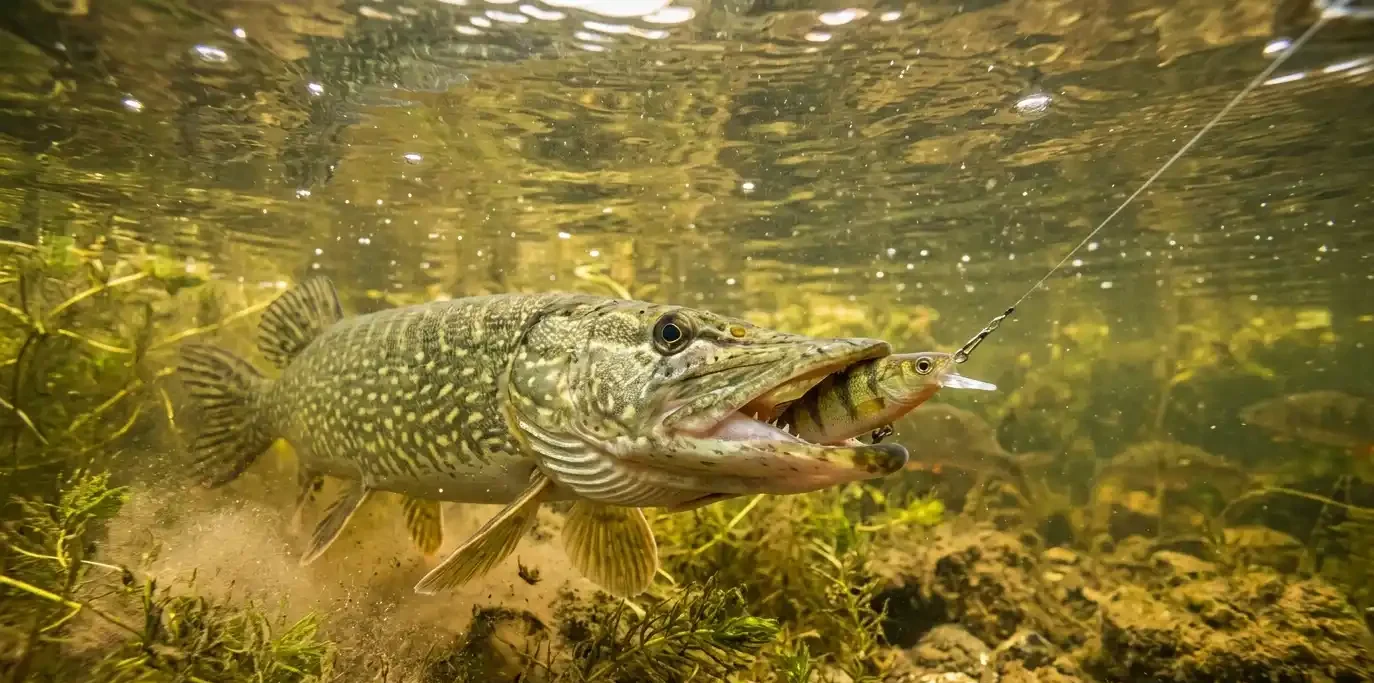 pike striking a lure underwater near vegetation in a sudden aggressive moment