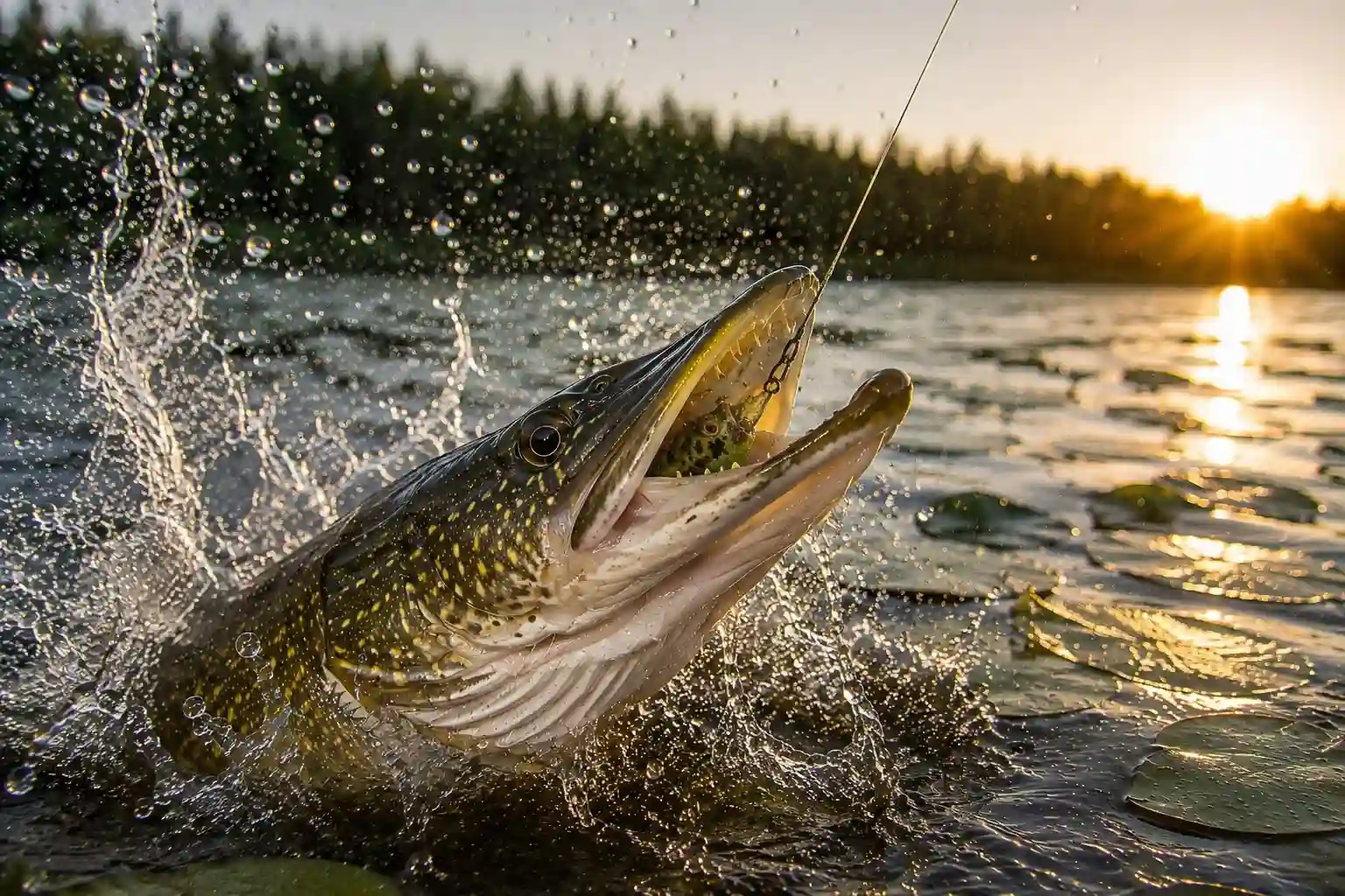 Topwater pike fishing strike at sunset — pike exploding through surface near lily pads