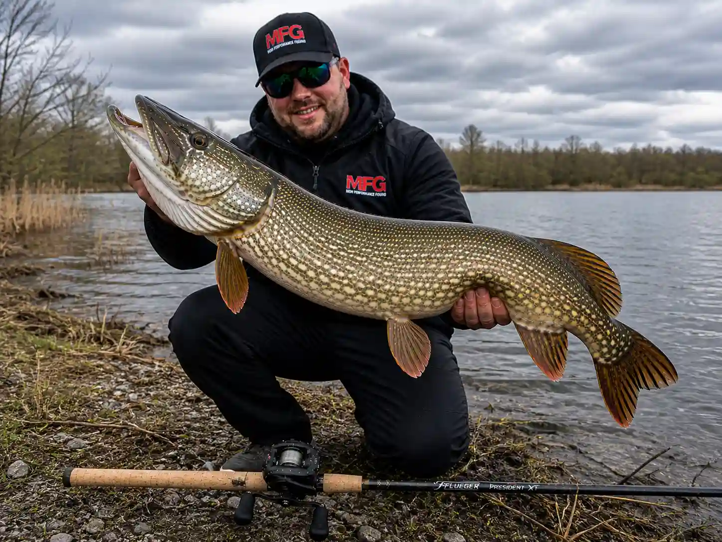 Pflueger President XT 9ft casting rod pike fishing from shore long range setup
