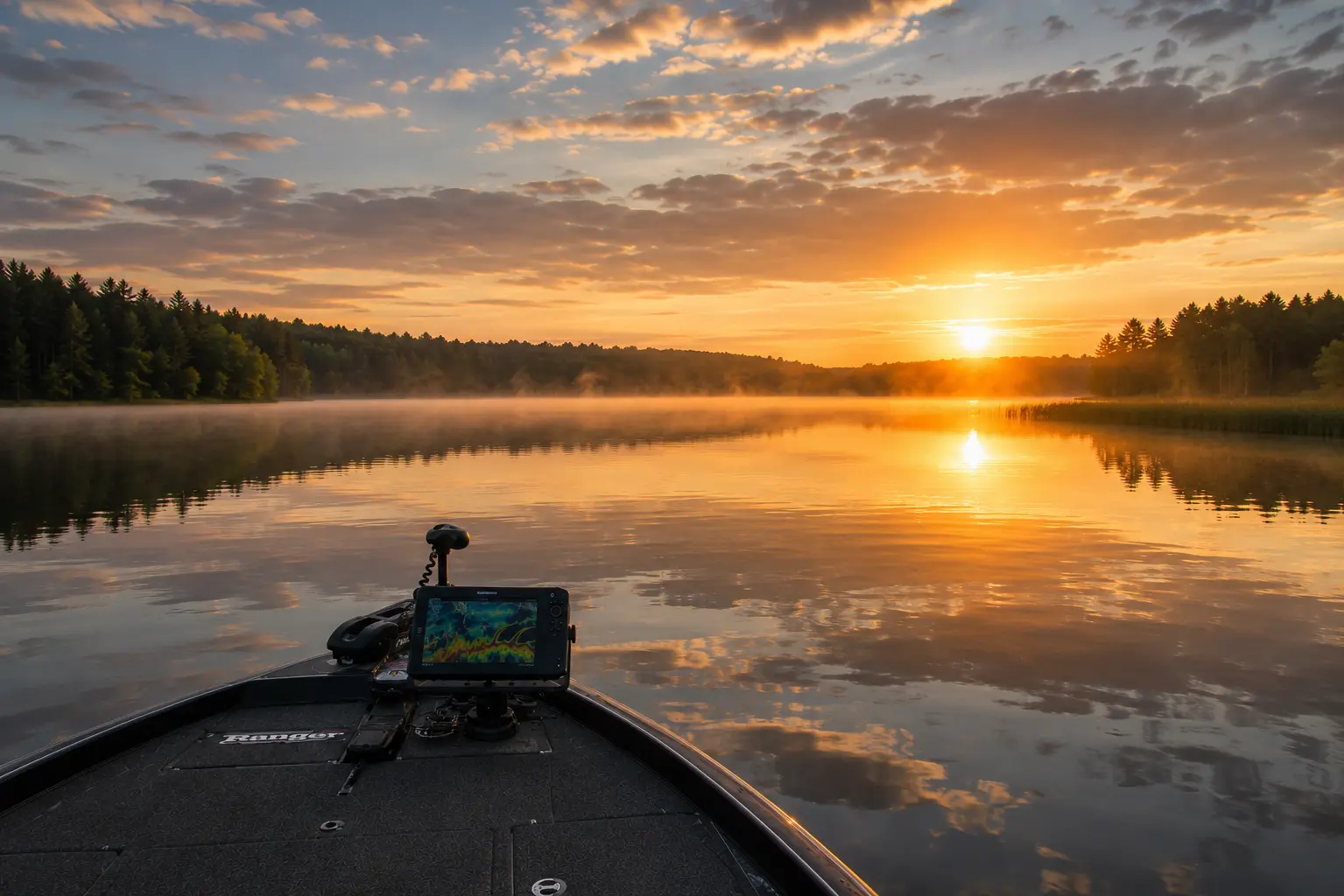 Summer pike fishing — early morning mist on a calm lake with reed edges and a fishing boat at dawn