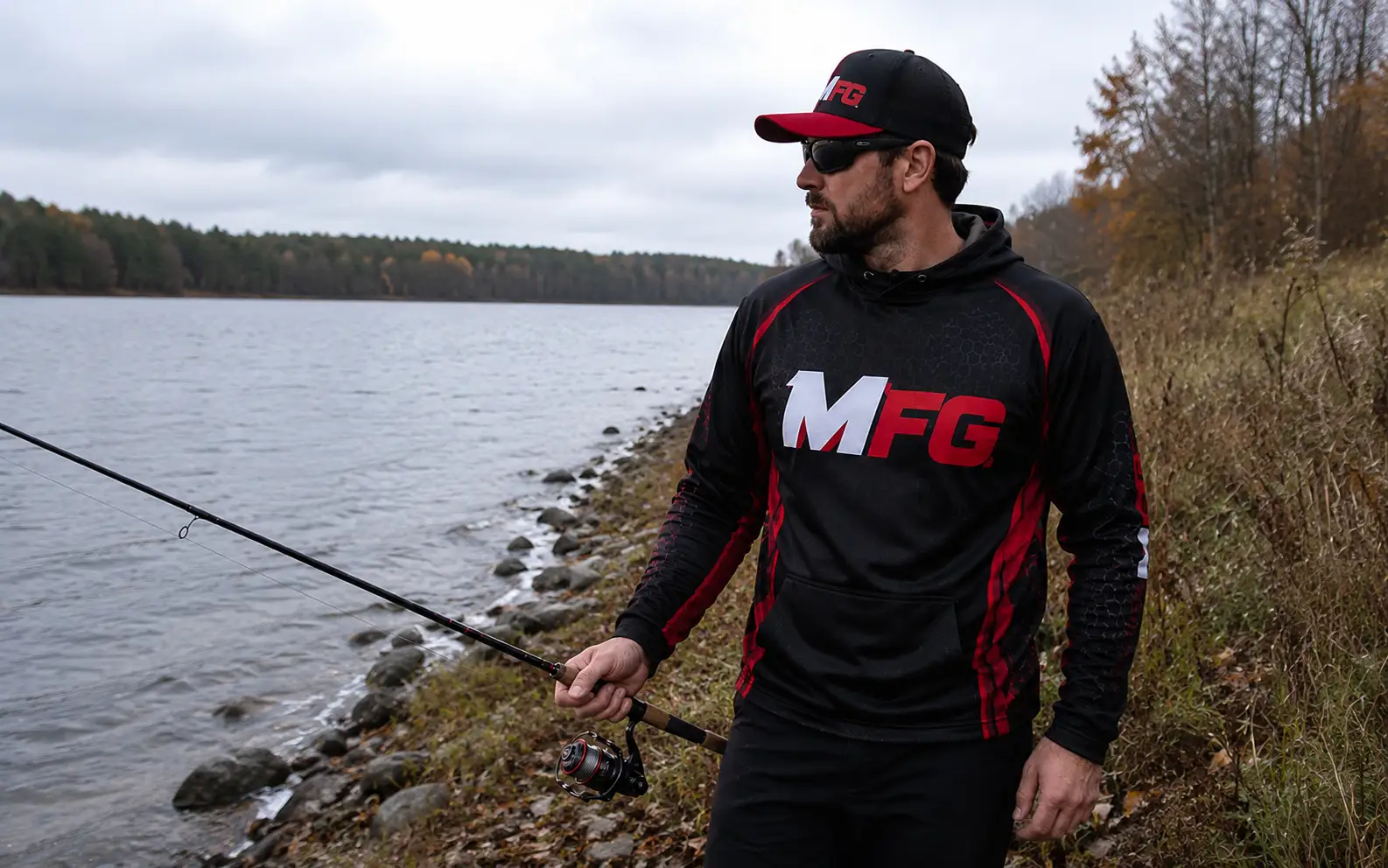 MFG angler scouting a rocky fall shoreline for pike