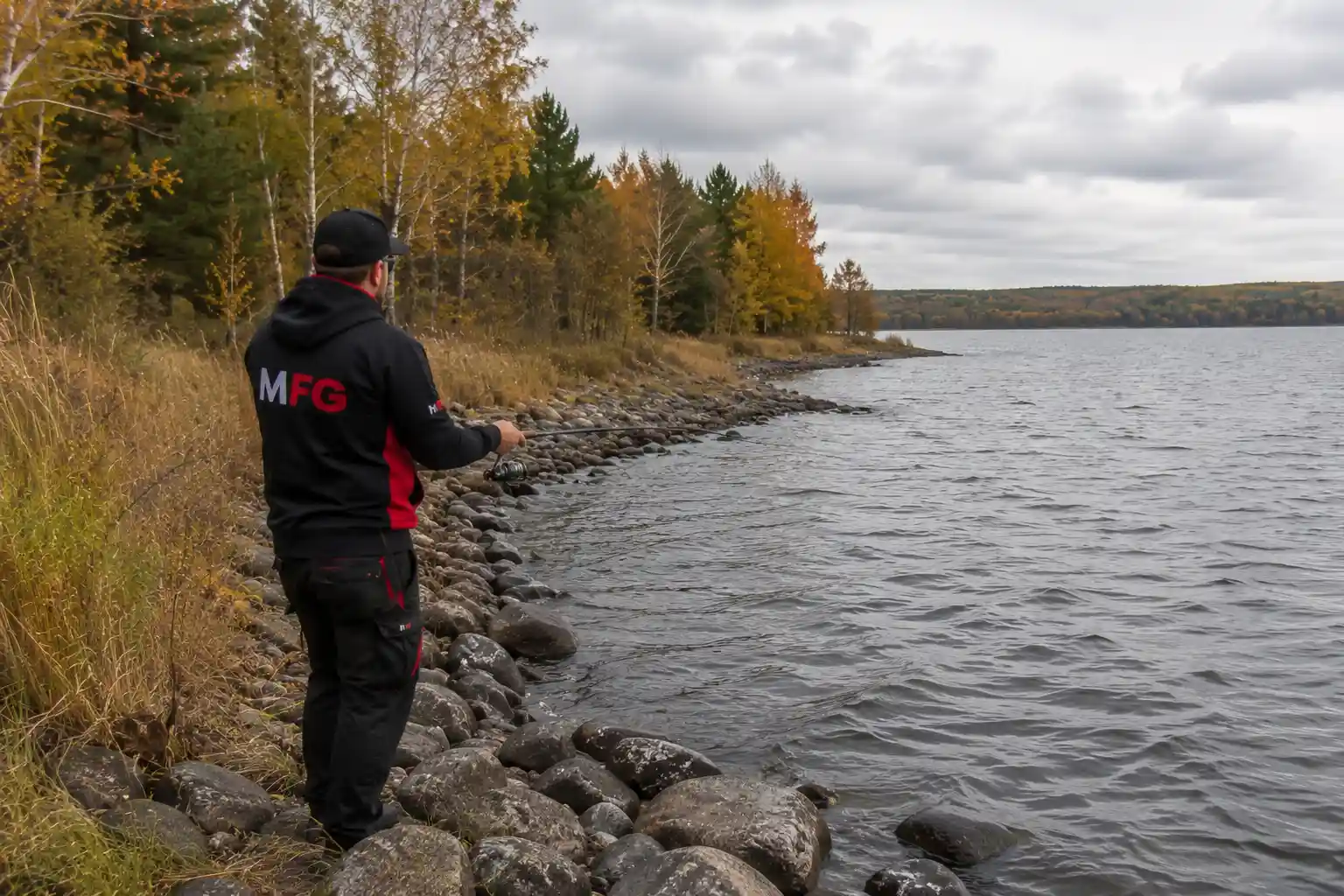 Angler covering water from a rocky shoreline during fall pike fishing