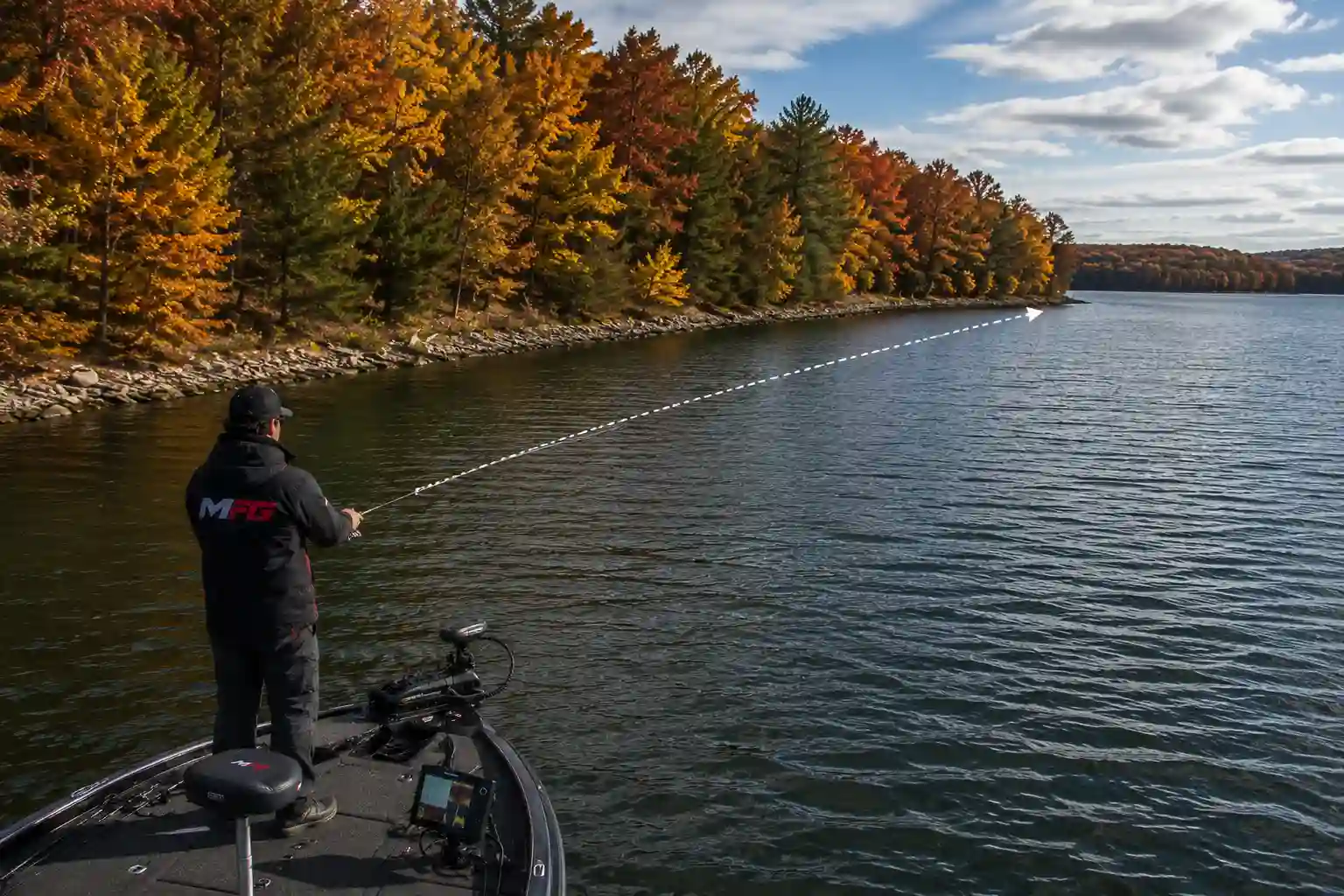 Boat positioned parallel to a shoreline breakline with the casting direction during fall pike fishing