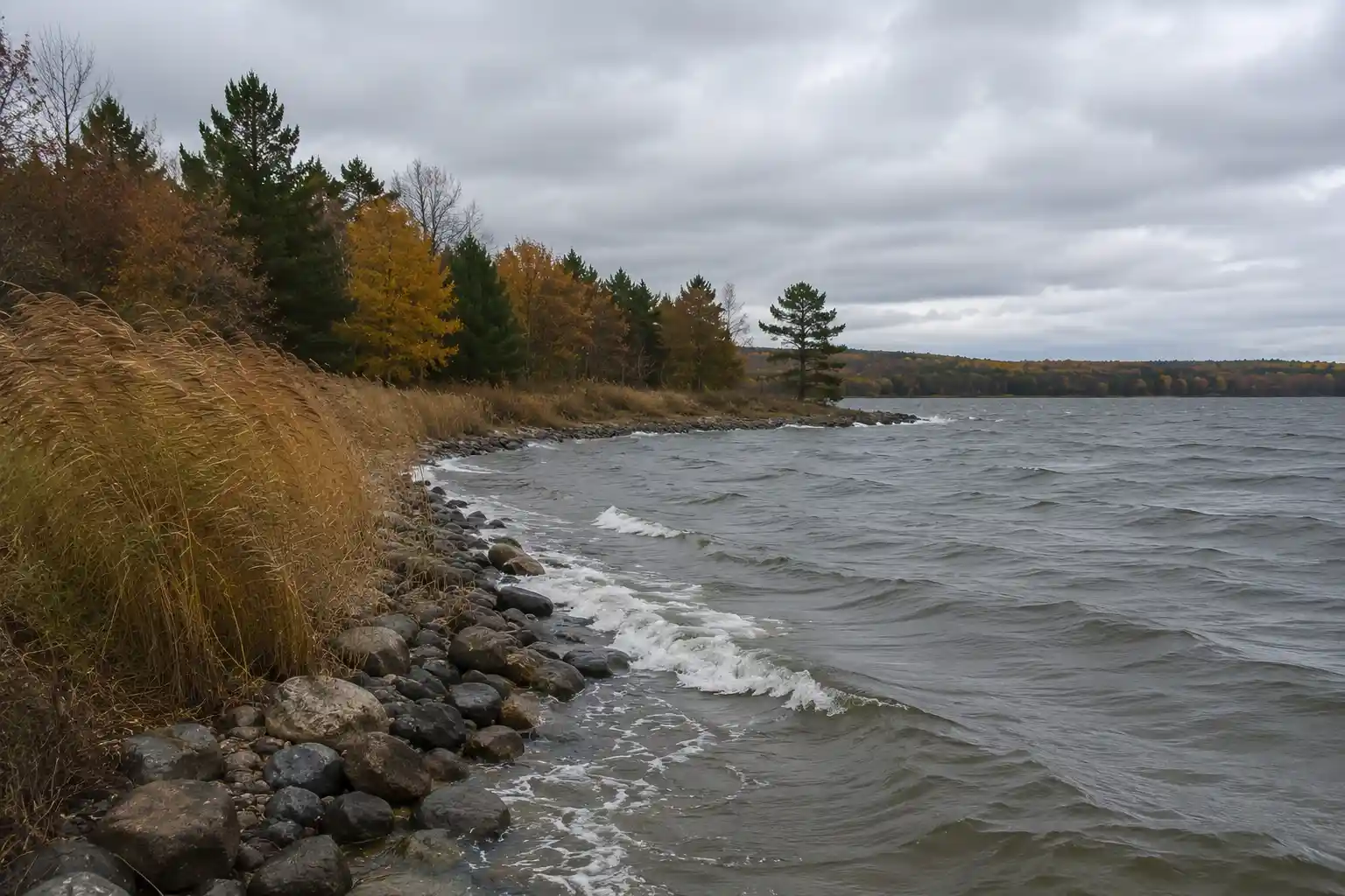 Wind-blown rocky shoreline during fall pike fishing