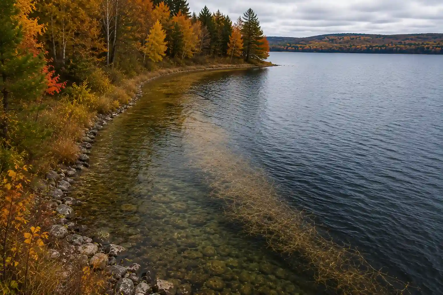 Outside weed edge along a fall pike fishing shoreline