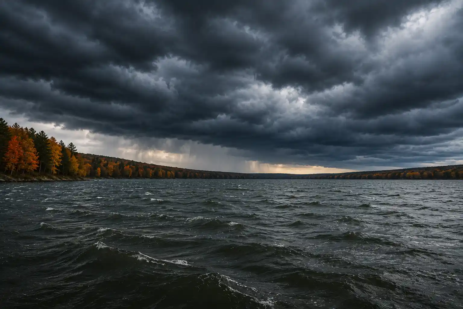 Windy autumn lake under approaching storm clouds during fall pike fishing conditions