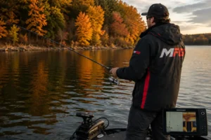 Angler positioning a boat near a deep breakline during fall pike fishing from a boat