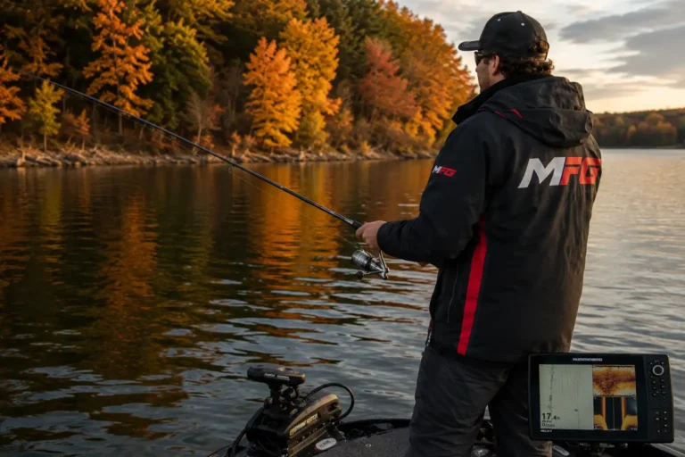 Angler positioning a boat near a deep breakline during fall pike fishing from a boat