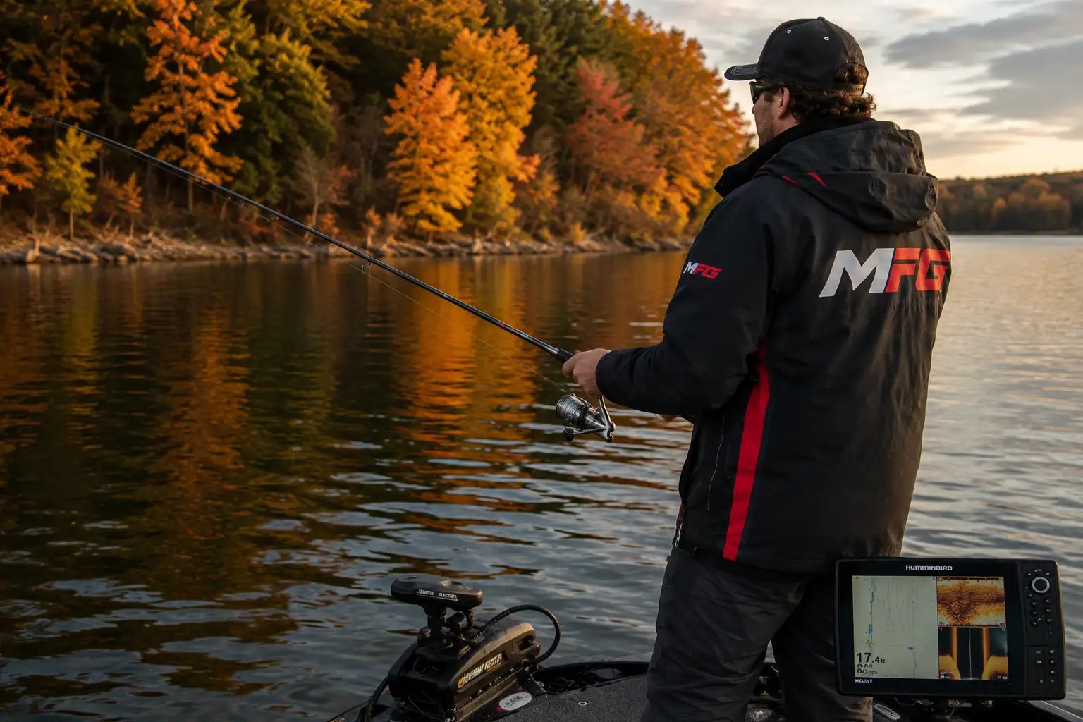 Angler positioning a boat near a deep breakline during fall pike fishing from a boat