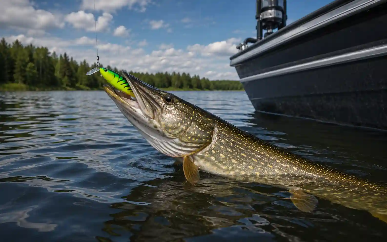 Large northern pike caught on a Rapala Super Shad Rap 14 firetiger crankbait, one of the best pike lures for triggering reaction strikes