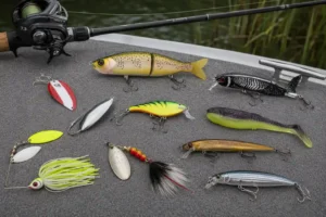 Best pike lures from the MFG anglers' tackle selection laid out on a fishing boat deck before a pike fishing session