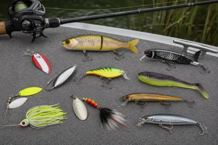 Best pike lures from the MFG anglers' tackle selection laid out on a fishing boat deck before a pike fishing session