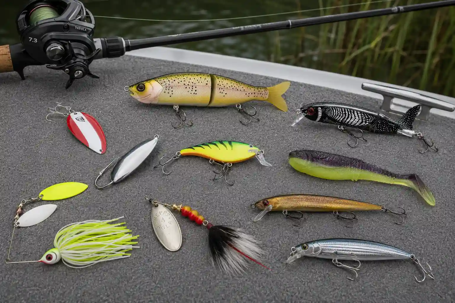 Best pike lures from the MFG anglers' tackle selection laid out on a fishing boat deck before a pike fishing session