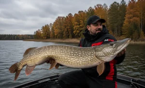 MFG angler holding a large northern pike caught during fall pike fishing from a boat