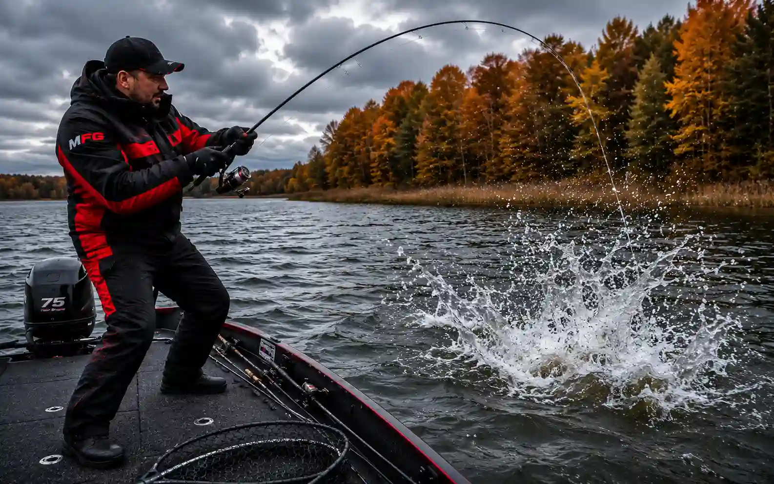 MFG angler battling a powerful fall pike during a peak autumn feeding window, demonstrating the aggressive behavior that makes fall pike fishing one of the best seasons for trophy fish