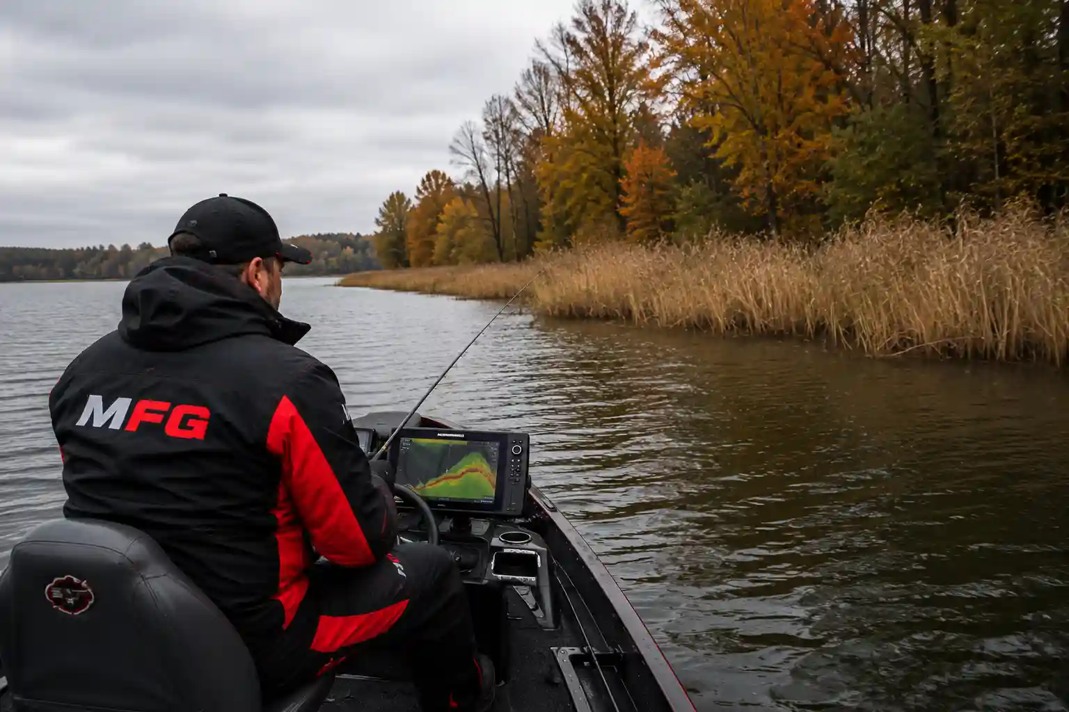 MFG angler searching productive fall pike water near remaining weed beds and breaklines during the seasonal transition from summer to autumn
