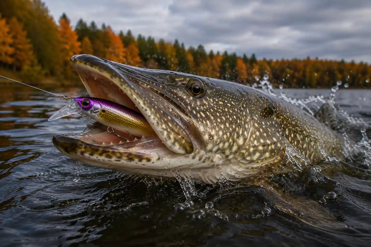 Large northern pike with a minnow-style jerkbait during fall fishing