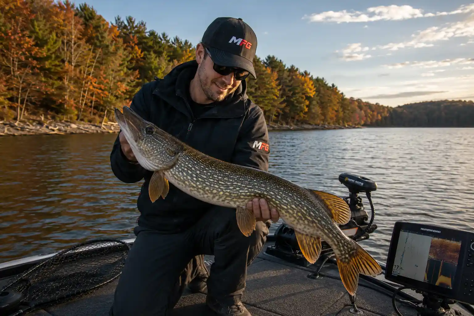 Angler holding a pike during fall pike fishing from a boat