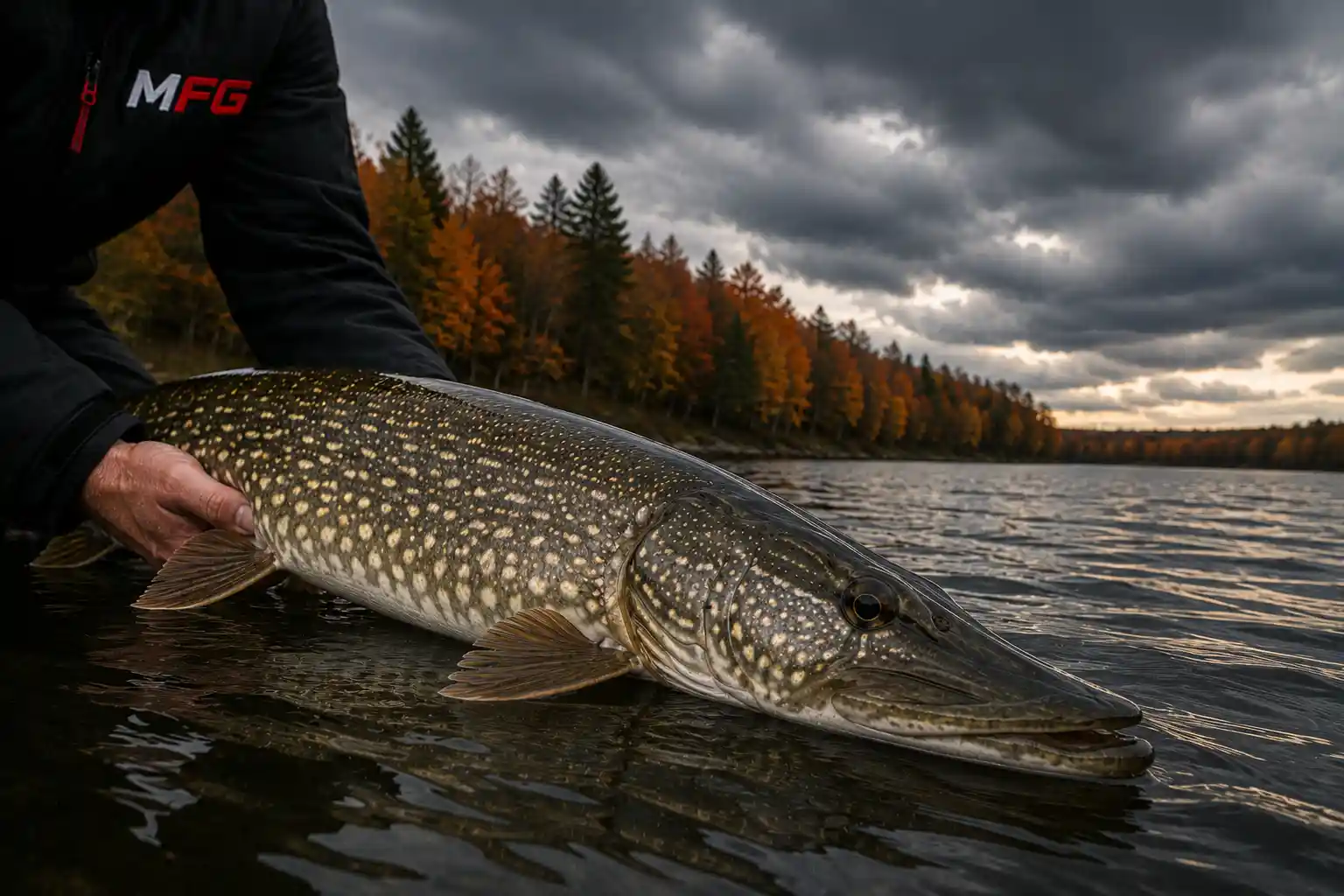 Large fall pike under stable autumn fishing conditions