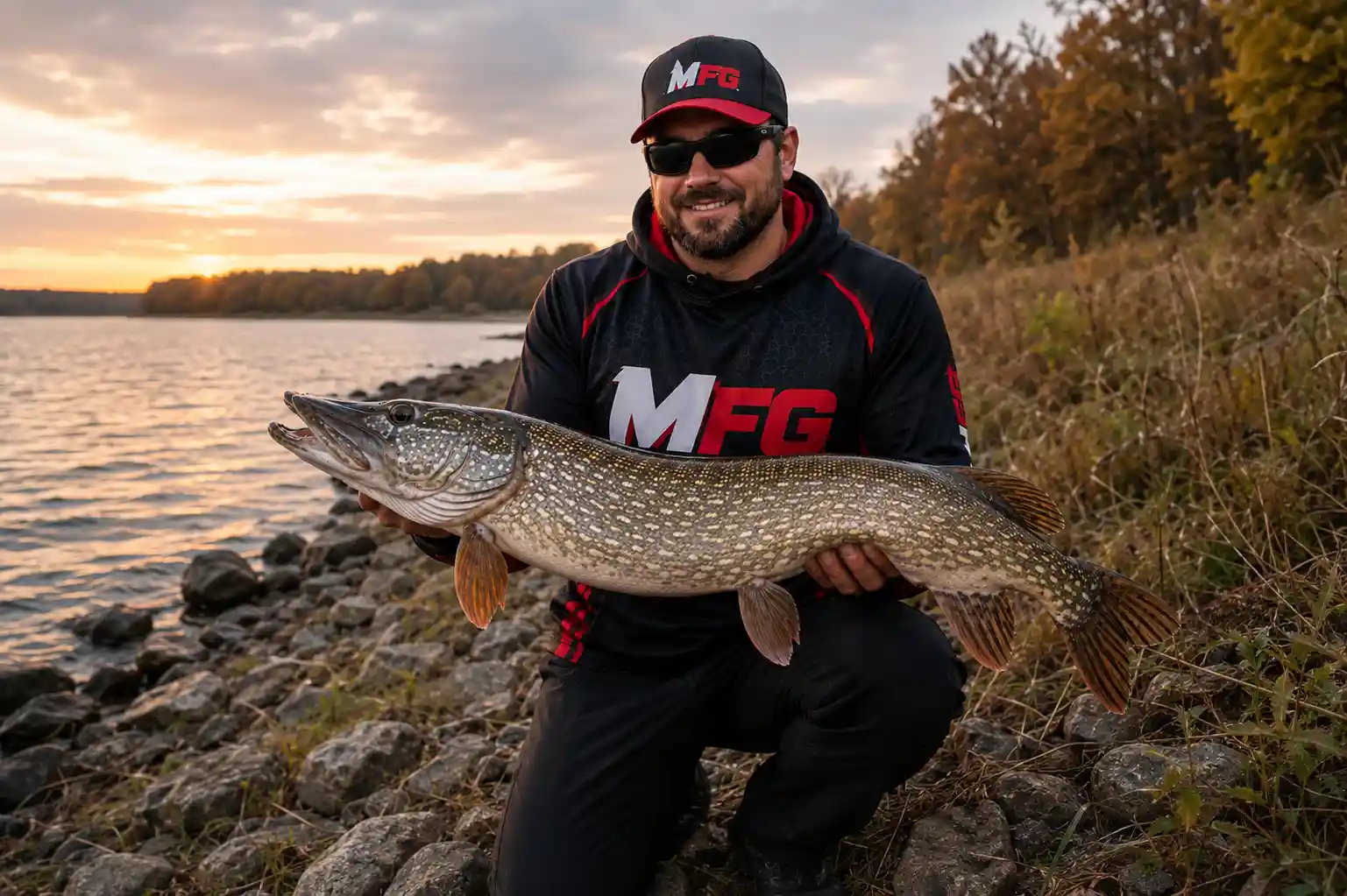 Fall pike fishing from shore with an angler holding a large northern pike